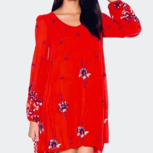 Free People Red Boho Gauzy Embroidered Long Sleeve Mini Oversized Dress Sz S - Picture 1 of 6